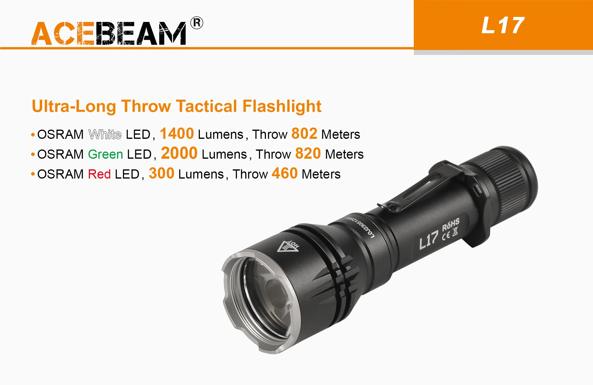 AceBeam L17, 1400 lm - Latarka myśliwska LED, czarna