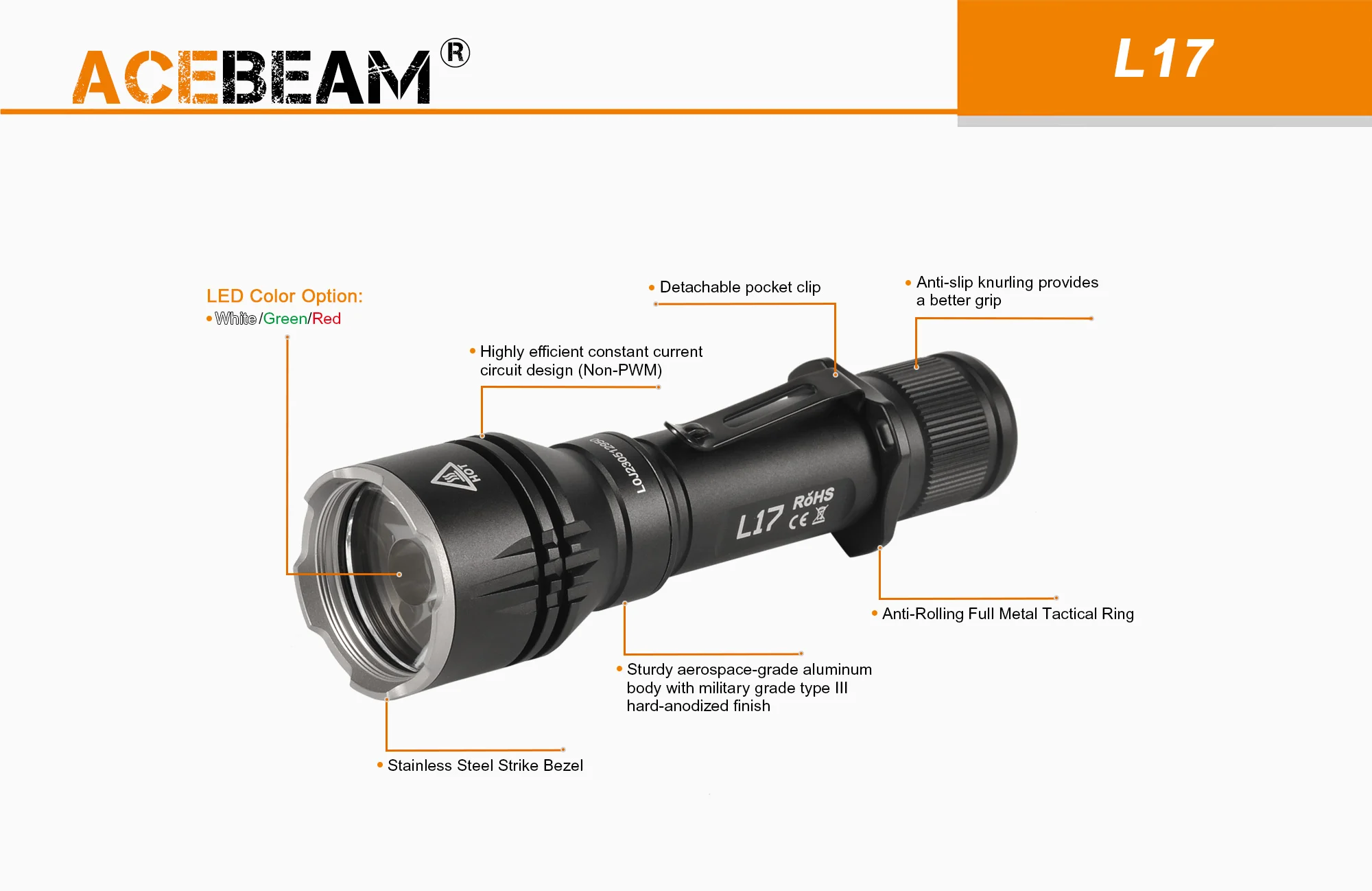 AceBeam L17, 1400 lm - Latarka myśliwska LED, czarna