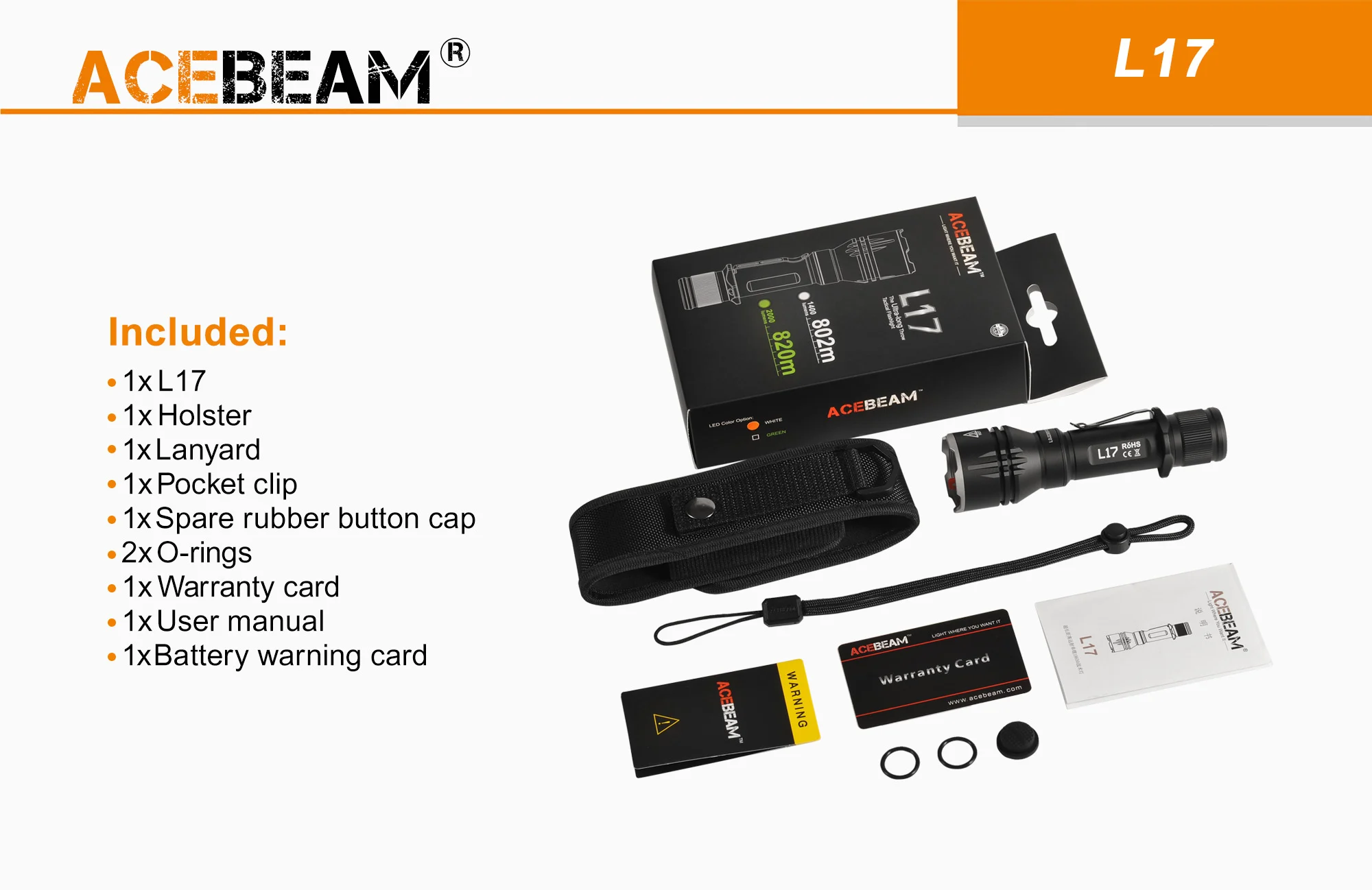 AceBeam L17, 1400 lm - Latarka myśliwska LED, czarna