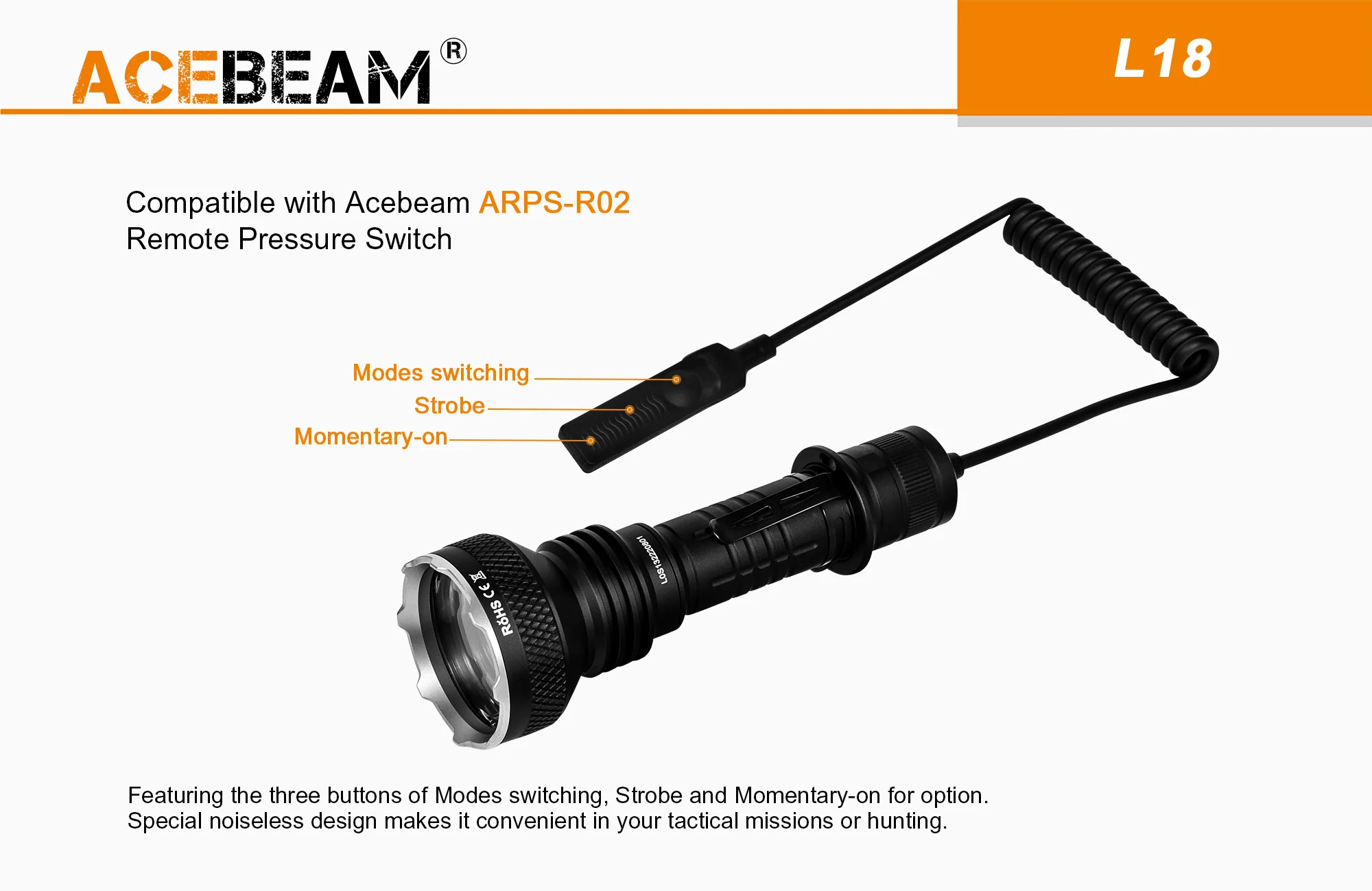 AceBeam L18, 1500 lm - Latarka LED myśliwska, czarna