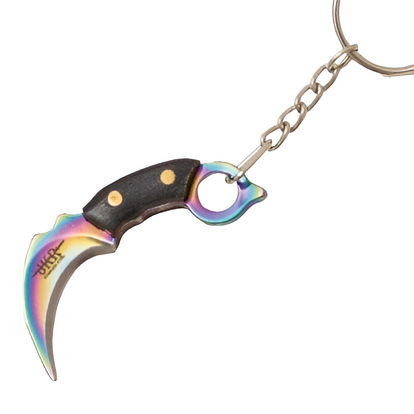 JKR Mini karambit, drewno, tęczowy. Wysokiej jakości karambit z ostrzem ze stali 3Cr13MoV i konstrukcją full tang. Idealny do codziennego noszenia na kluczach. Tęczowy design z drewnianymi okładzinami.