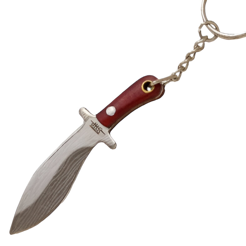 JKR Mini nóż Kukri, drewno. Wysokiej jakości nóż z ostrzem ze stali 3Cr13MoV i konstrukcją full tang. Idealny do codziennego noszenia na kluczach. Design damasceński z drewnianymi okładzinami.